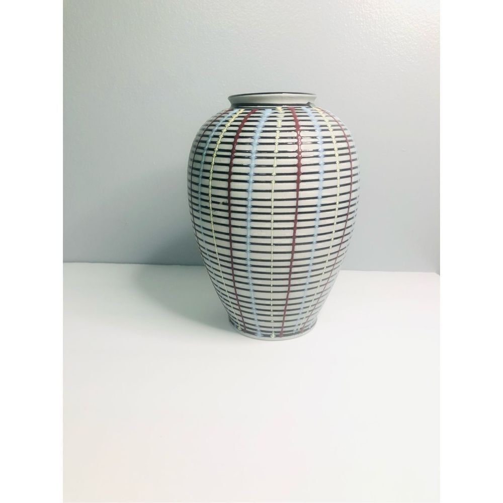 Japanese striped Vase mid century leaf mark‎ on bottom retro mid century